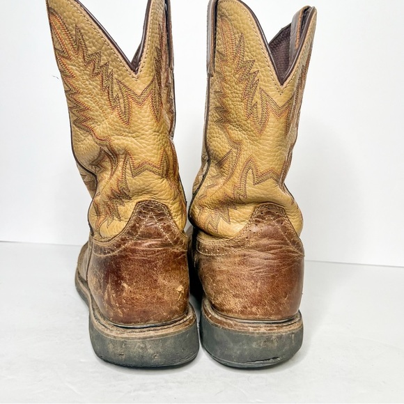 Justin Boots Brown Tan Leather Western Cowboy Boots Size 10 Decorative Stitching - Picture 4 of 6